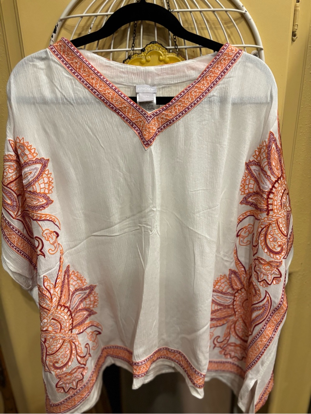 Chico's White Poncho Tunic with Orange & Coral Embroidery
